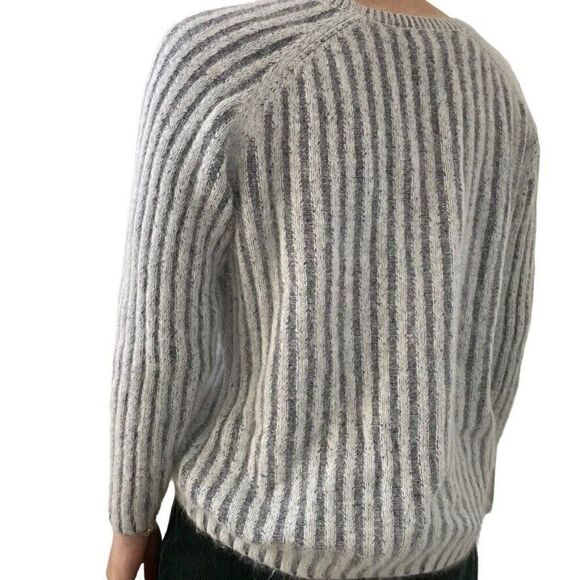Womens Angora Blend Gray White Stripe Fluffy Fuzzy Soft Crewneck Preppy Sweater - Picture 7 of 7